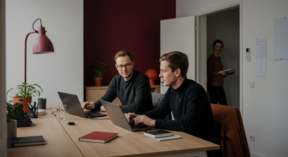 Twee adviseurs overleggen achter hun laptops op kantoor